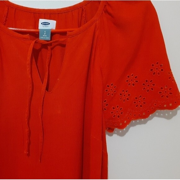 Old Navy Eyelet Hem Flutter Sleeves Drop Waist Boho Shift Red Orange Dress S/P - Picture 2 of 13